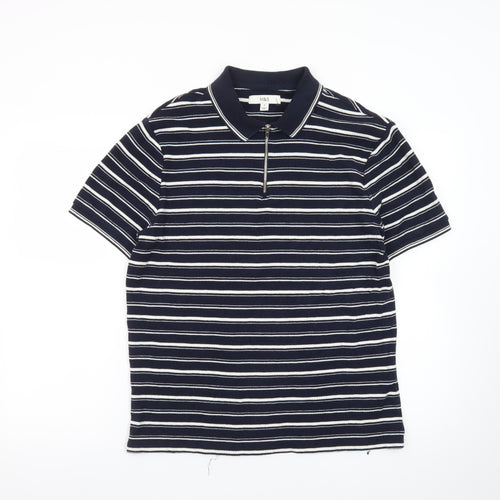 Marks and Spencer Men's Blue Striped 1/4 Zip Polo Shirt M