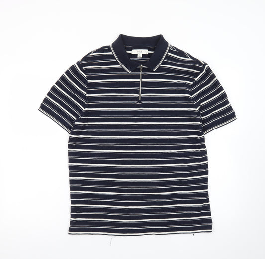 Marks and Spencer Men's Blue Striped 1/4 Zip Polo Shirt M