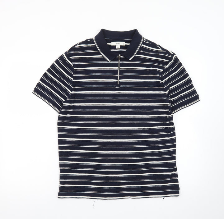 Marks and Spencer Men's Blue Striped 1/4 Zip Polo Shirt M