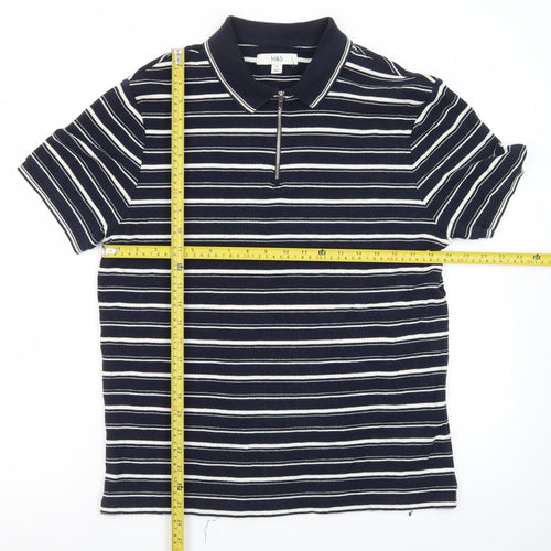 Marks and Spencer Men's Blue Striped 1/4 Zip Polo Shirt M