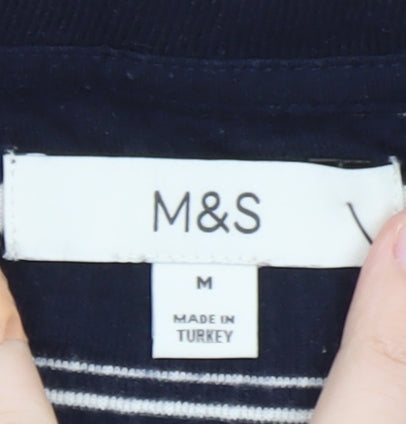 Marks and Spencer Men's Blue Striped 1/4 Zip Polo Shirt M