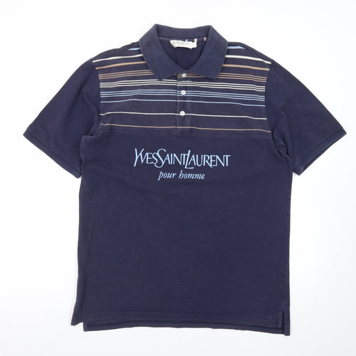 Yves Saint Laurent Pour Homme Blue Striped Cotton Polo Shirt Men's L
