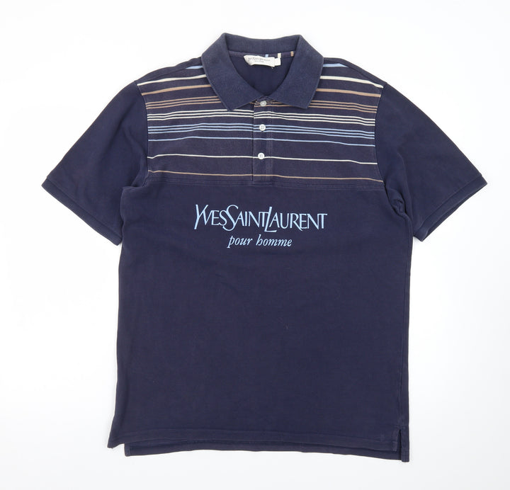 Yves Saint Laurent Pour Homme Blue Striped Cotton Polo Shirt Men's L