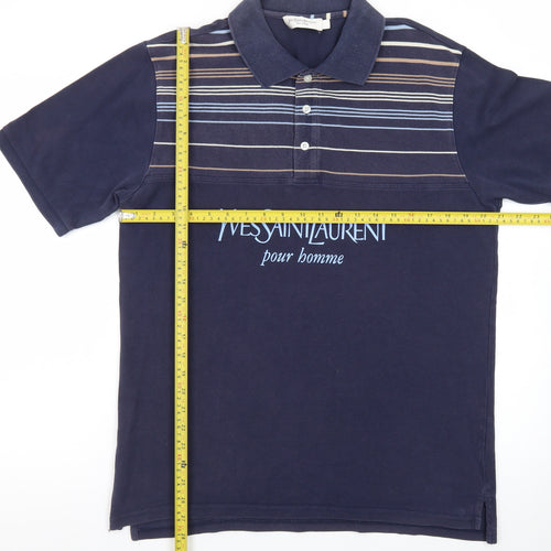 Yves Saint Laurent Pour Homme Blue Striped Cotton Polo Shirt Men's L