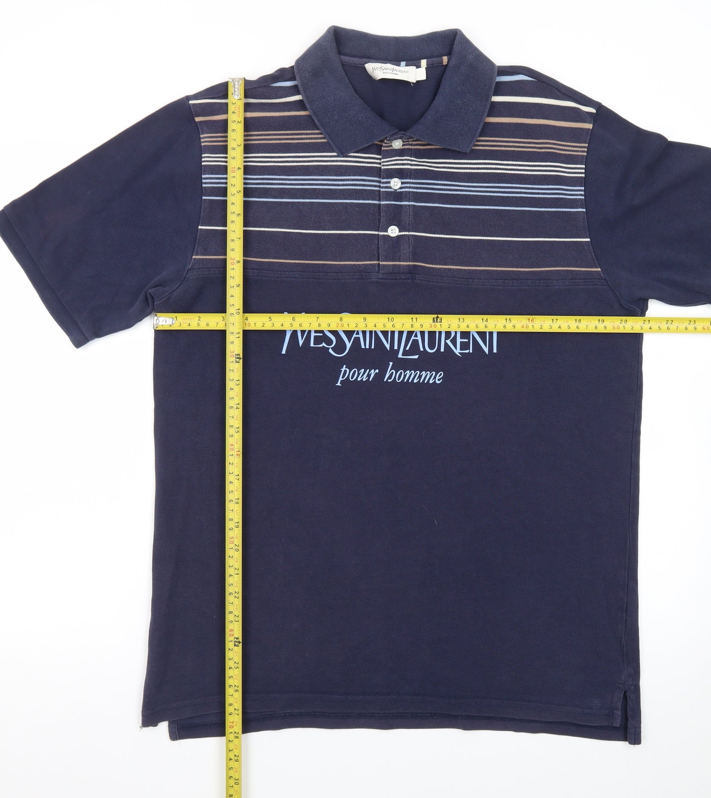 Yves Saint Laurent Pour Homme Blue Striped Cotton Polo Shirt Men's L