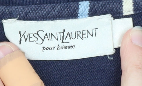 Yves Saint Laurent Pour Homme Blue Striped Cotton Polo Shirt Men's L