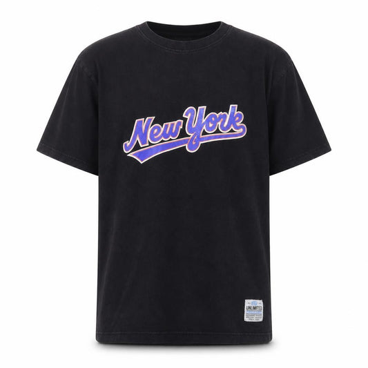 Front view of UNIT HUNDRED men’s black l new york graphic cotton t-shirt