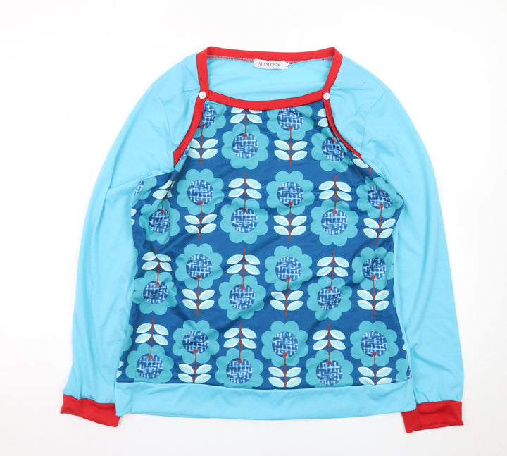 Misslook Women's Blue Floral Long Sleeve T-Shirt Size L