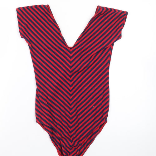Timestep Womens Red Navy Striped V-Neck Bodysuit Top Size 4