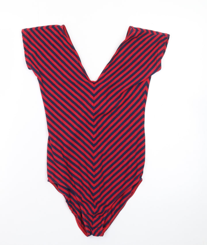Timestep Womens Red Navy Striped V-Neck Bodysuit Top Size 4