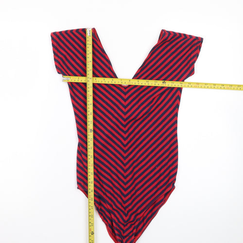Timestep Womens Red Navy Striped V-Neck Bodysuit Top Size 4