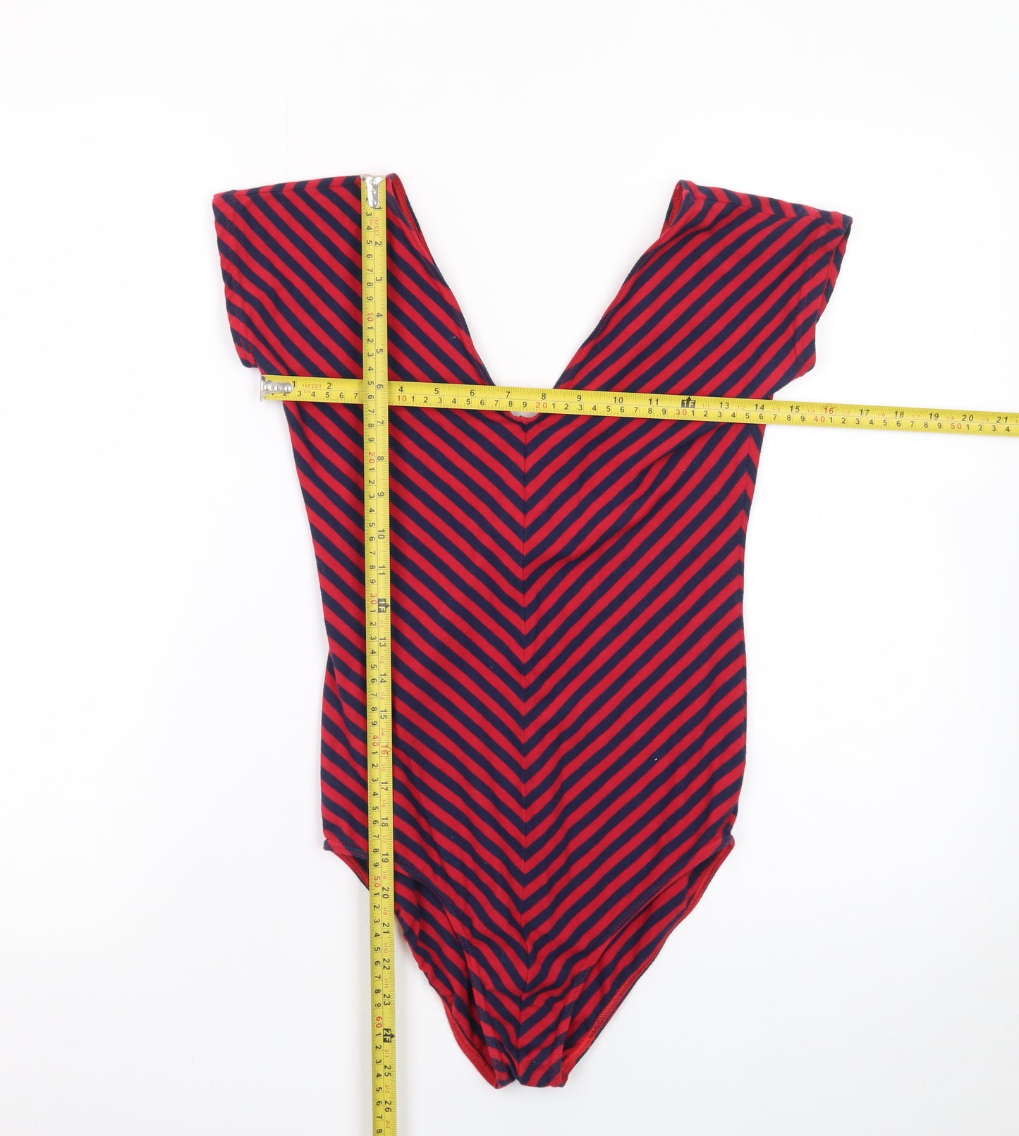 Timestep Womens Red Navy Striped V-Neck Bodysuit Top Size 4