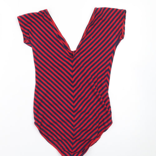 Timestep Womens Red Navy Striped V-Neck Bodysuit Top Size 4