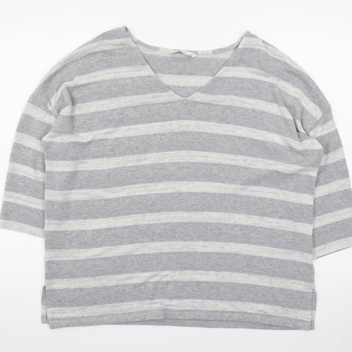 Tu Women’s Grey Striped V-Neck 3/4 Sleeve Pullover Jumper Size 16