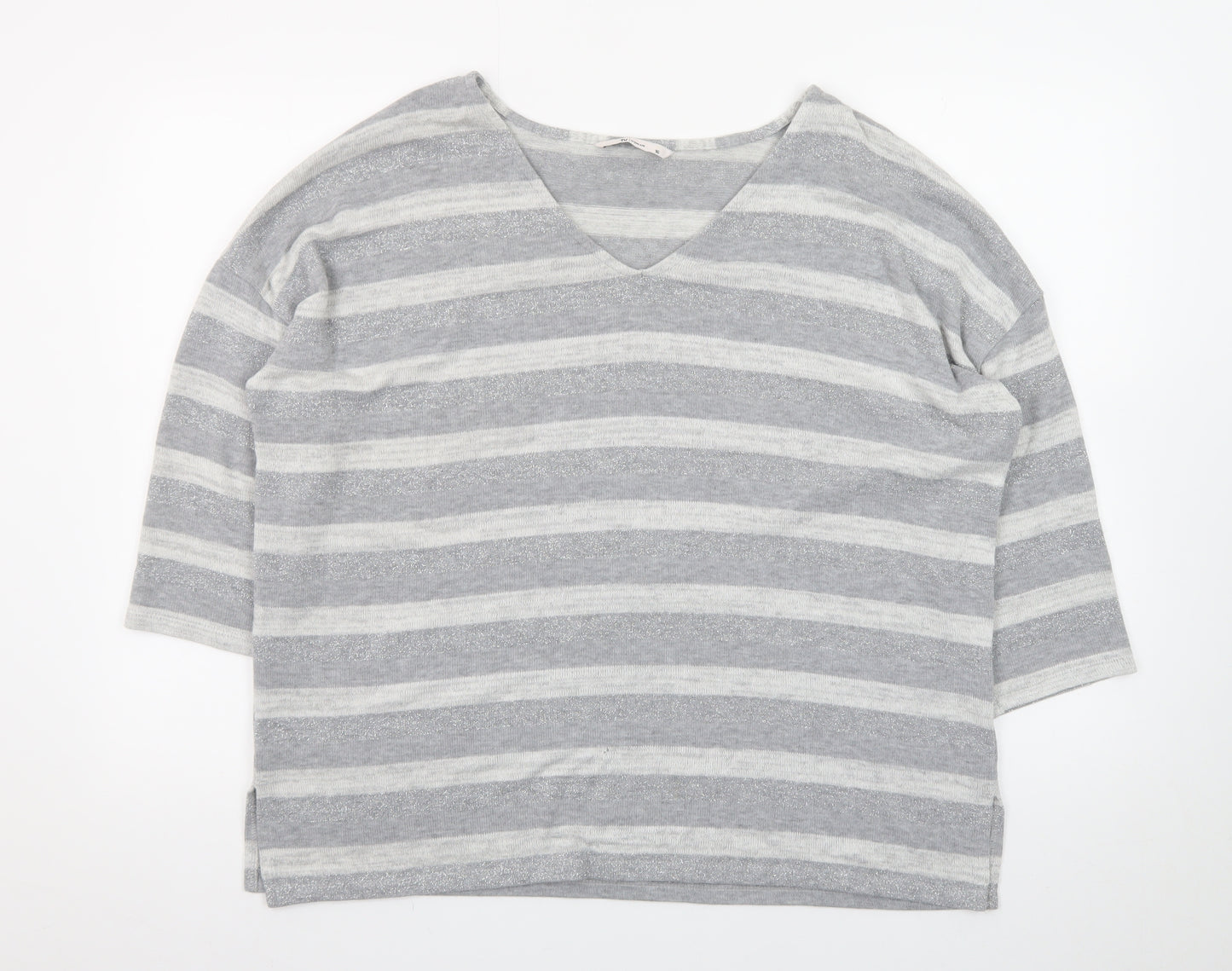 Tu Women’s Grey Striped V-Neck 3/4 Sleeve Pullover Jumper Size 16