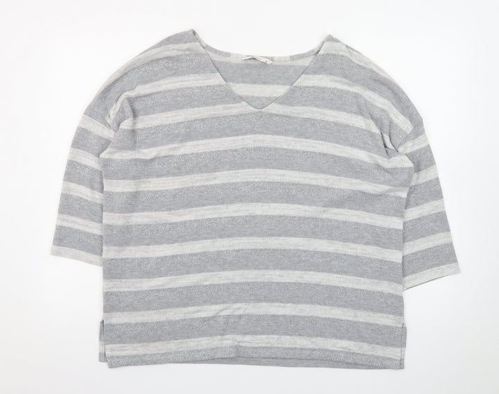 Tu Women’s Grey Striped V-Neck 3/4 Sleeve Pullover Jumper Size 16