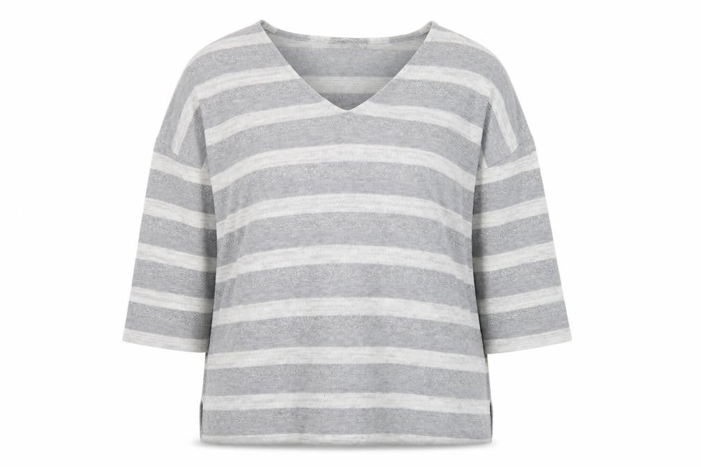 Front view of Tu Women’s Grey Striped V-Neck 3/4 Sleeve jumper, size UK 16