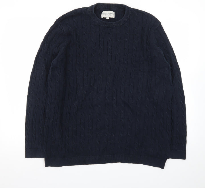 Racing Green Men's Blue Cable-Knit Cotton Jumper XL