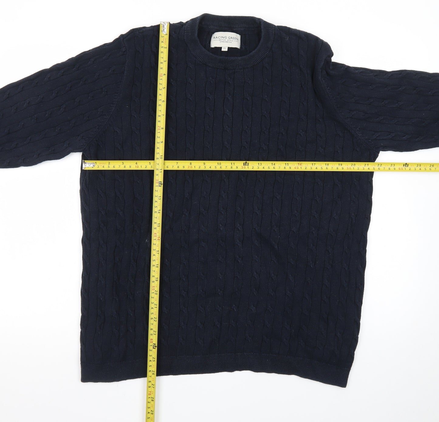 Racing Green Men's Blue Cable-Knit Cotton Jumper XL
