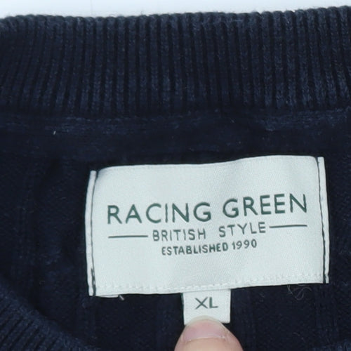 Racing Green Men's Blue Cable-Knit Cotton Jumper XL