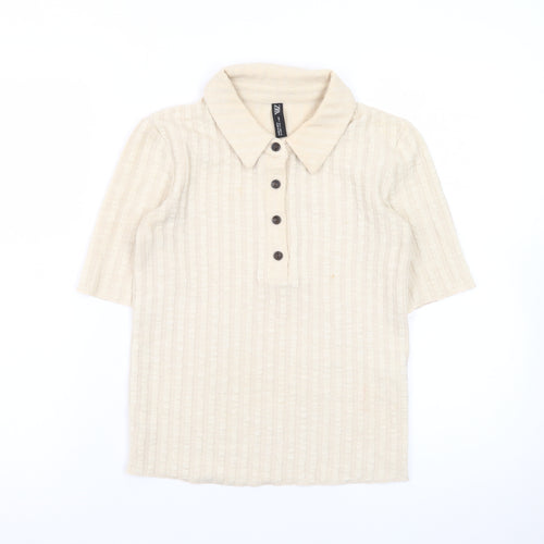Zara Men’s Beige Collared Knit Short Sleeve Polo Shirt Size S