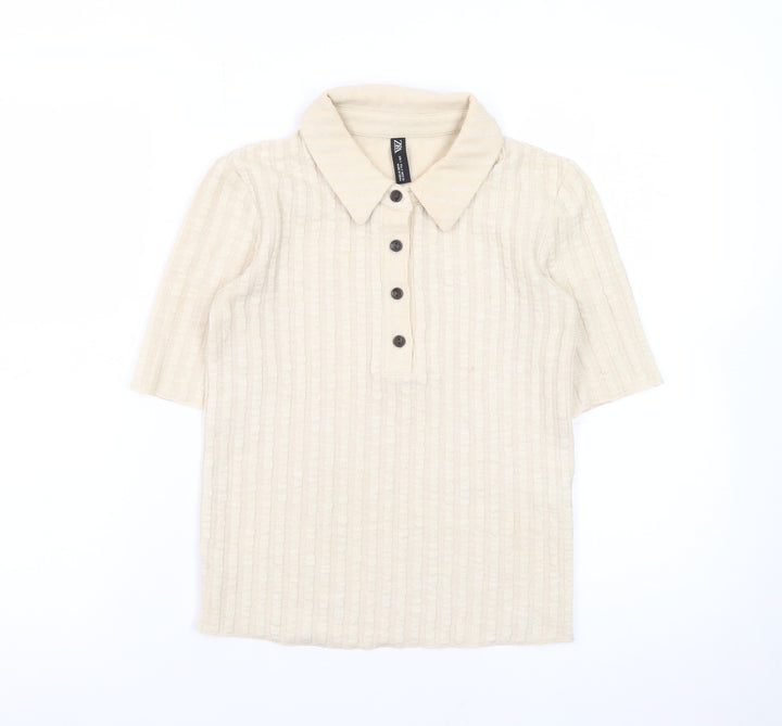Zara Men’s Beige Collared Knit Short Sleeve Polo Shirt Size S