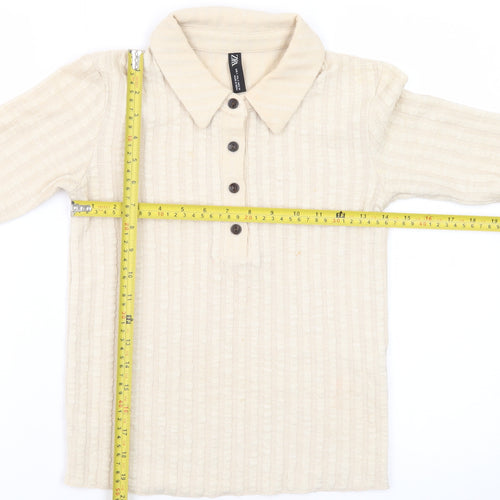 Zara Men’s Beige Collared Knit Short Sleeve Polo Shirt Size S
