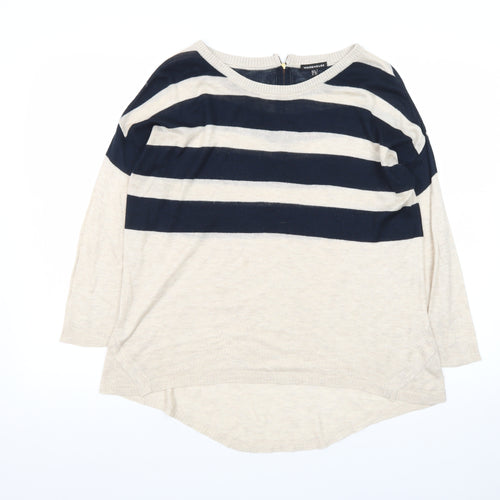 Warehouse Women Beige Navy Striped Jumper UK 8 3/4 Sleeve Boat Neck