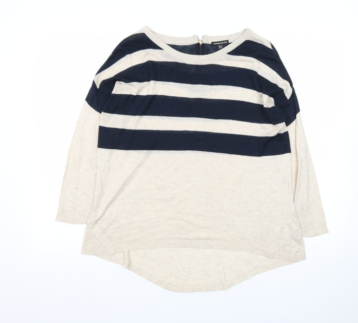 Warehouse Women Beige Navy Striped Jumper UK 8 3/4 Sleeve Boat Neck