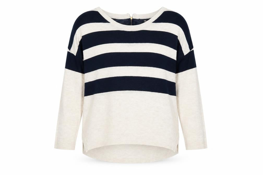 Warehouse Women Beige Navy Striped Jumper UK 8 3/4 Sleeve Boat Neck