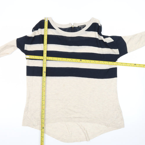 Warehouse Women Beige Navy Striped Jumper UK 8 3/4 Sleeve Boat Neck