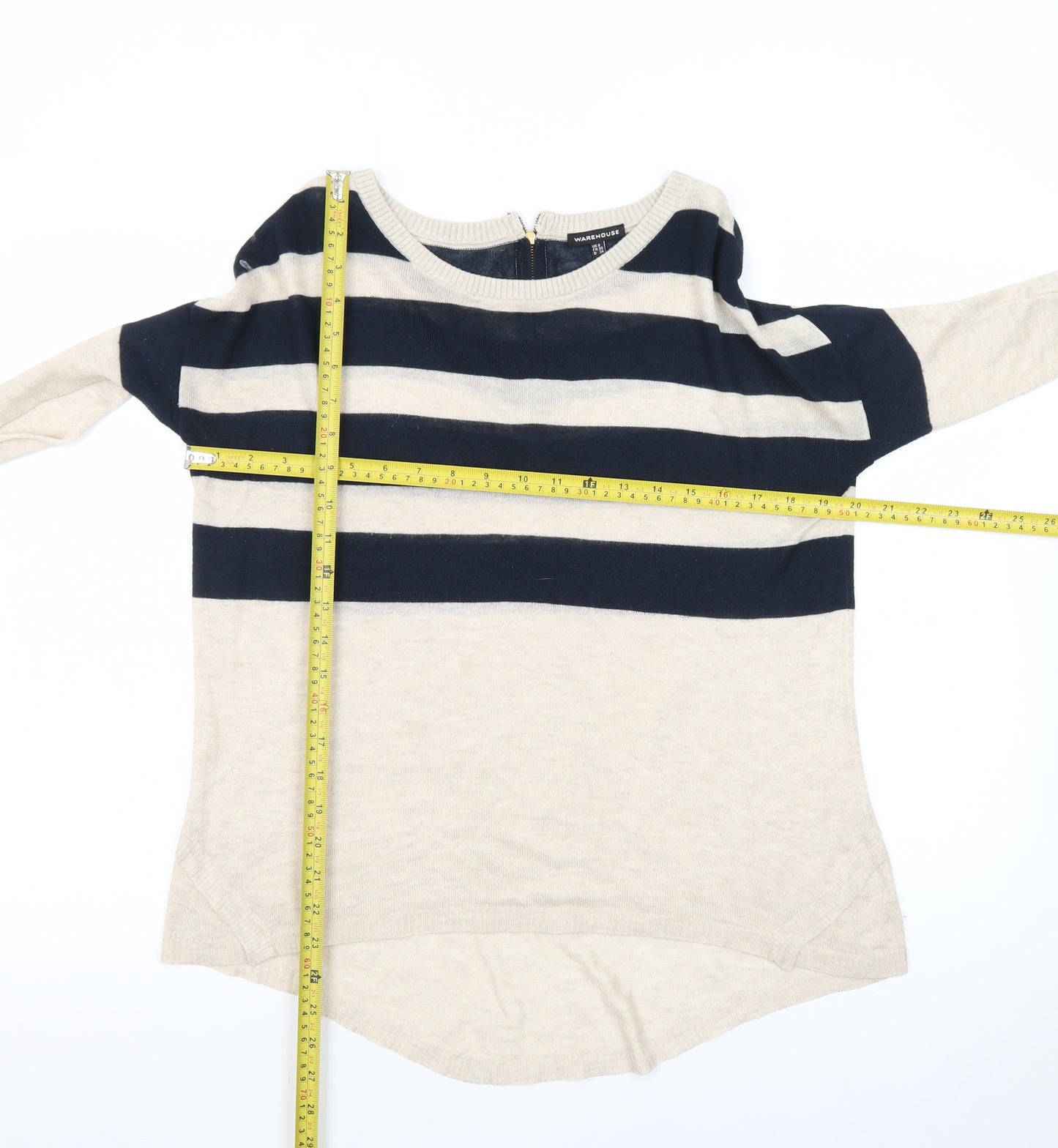 Warehouse Women Beige Navy Striped Jumper UK 8 3/4 Sleeve Boat Neck