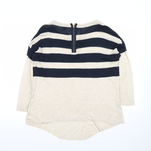 Warehouse Women Beige Navy Striped Jumper UK 8 3/4 Sleeve Boat Neck