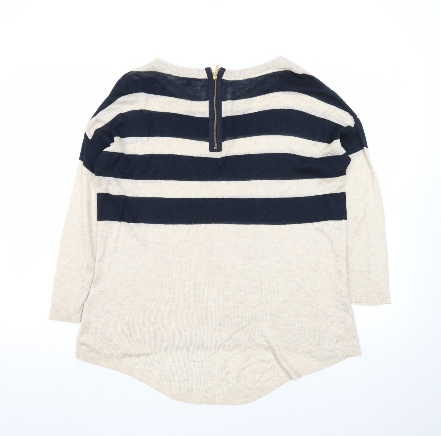 Warehouse Women Beige Navy Striped Jumper UK 8 3/4 Sleeve Boat Neck