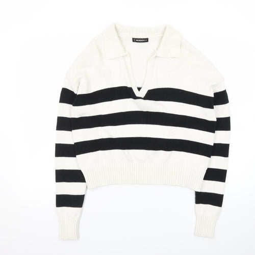 MUNDIDO Women's Black White Striped Collared V-Neck Pullover Jumper XS