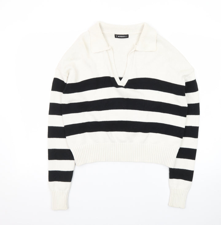 MUNDIDO Women's Black White Striped Collared V-Neck Pullover Jumper XS