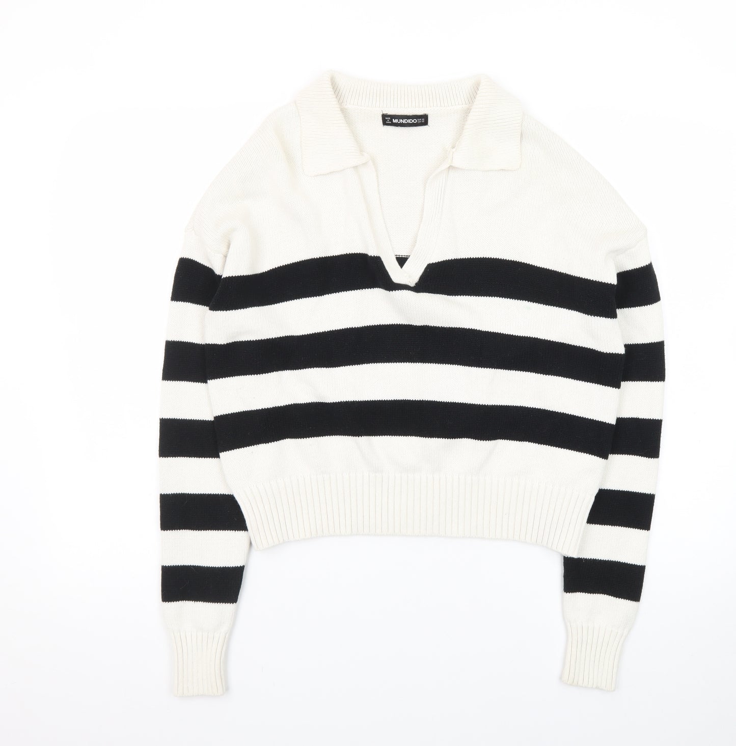MUNDIDO Women's Black White Striped Collared V-Neck Pullover Jumper XS