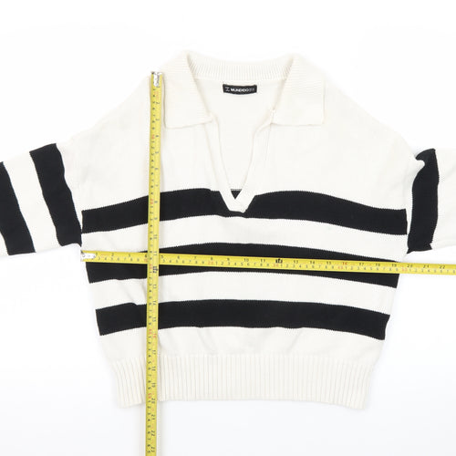 MUNDIDO Women's Black White Striped Collared V-Neck Pullover Jumper XS