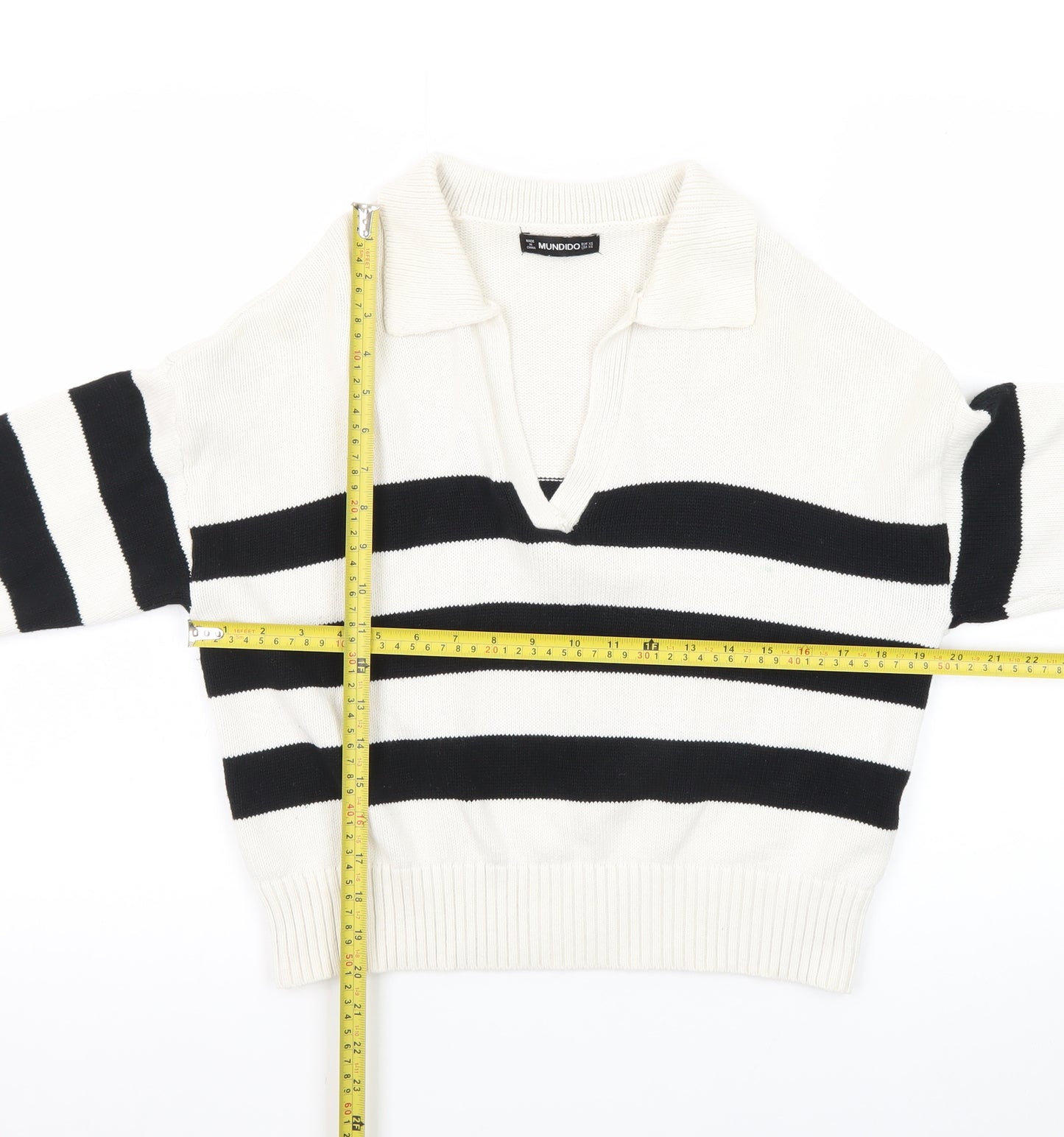 MUNDIDO Women's Black White Striped Collared V-Neck Pullover Jumper XS