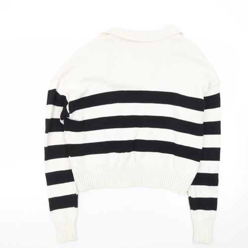MUNDIDO Women's Black White Striped Collared V-Neck Pullover Jumper XS