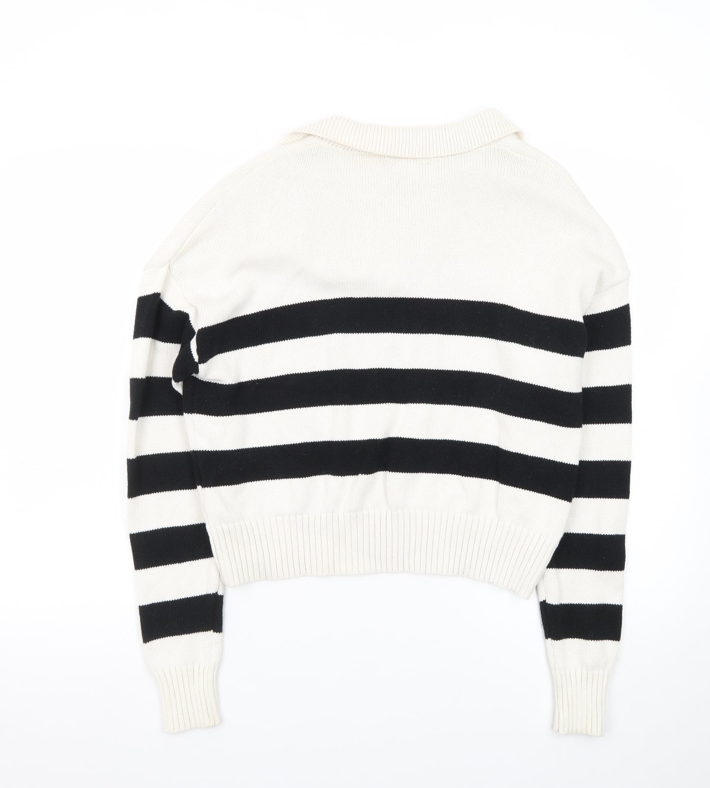MUNDIDO Women's Black White Striped Collared V-Neck Pullover Jumper XS