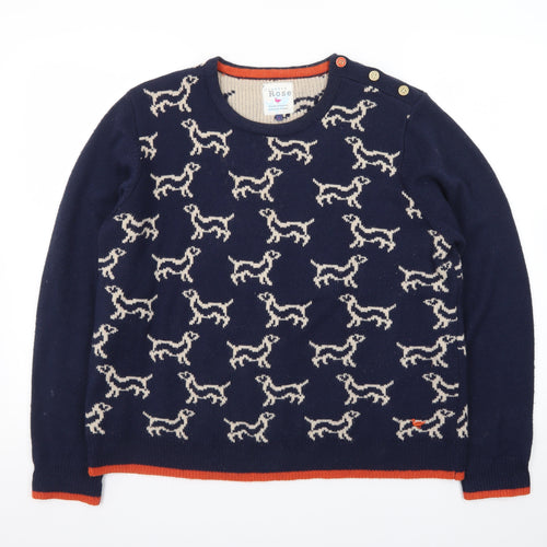 Country Rose Women Navy Dog Pattern Crew Neck Jumper Size L