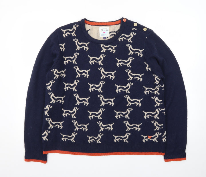 Country Rose Women Navy Dog Pattern Crew Neck Jumper Size L