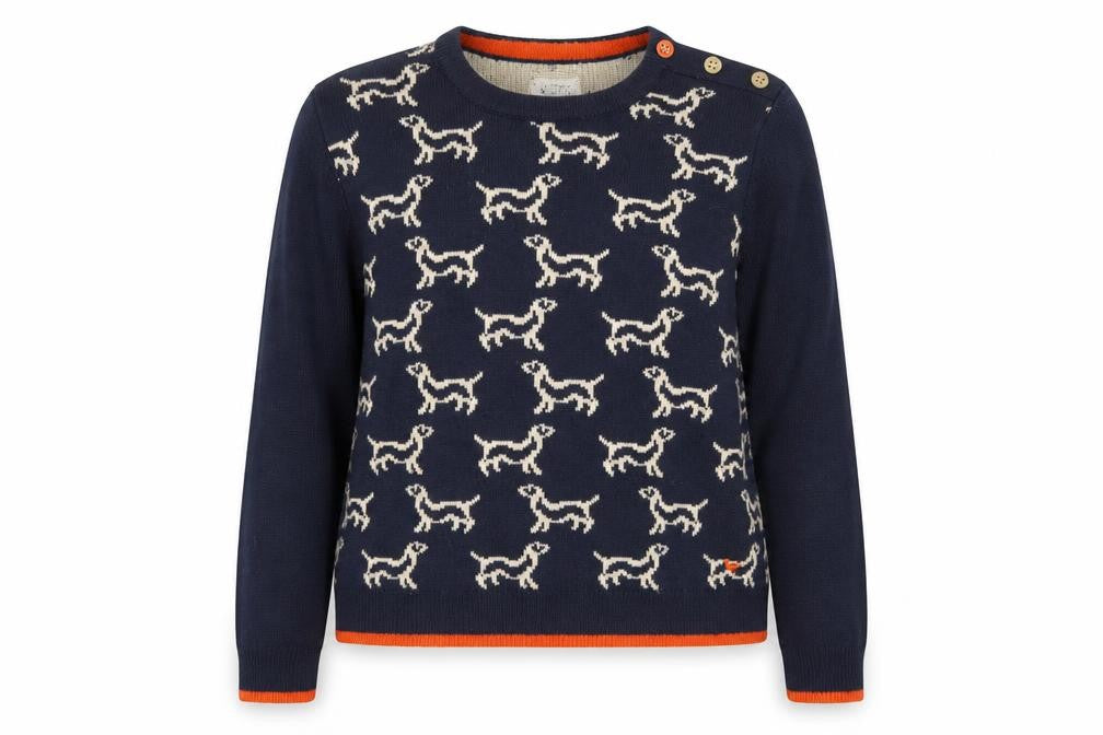 Country Rose Women Navy Dog Pattern Crew Neck Jumper Size L