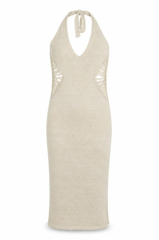 Front view of PRETTYLITTLETHING Women Beige Halter Bodycon Knit Midi Dress S