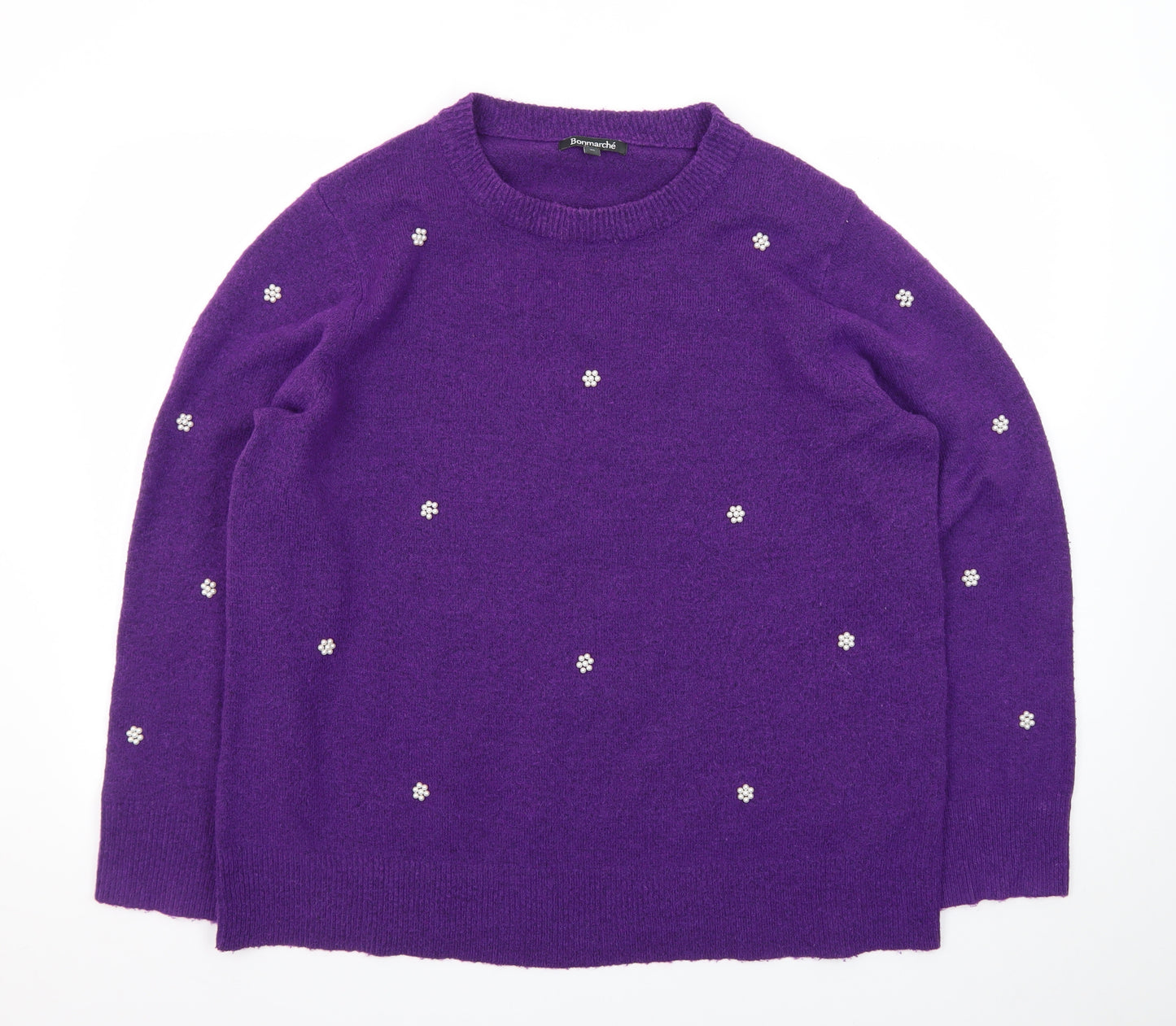 Bonmarché Women's Purple Beaded Knit Jumper Size 20 Crew Neck