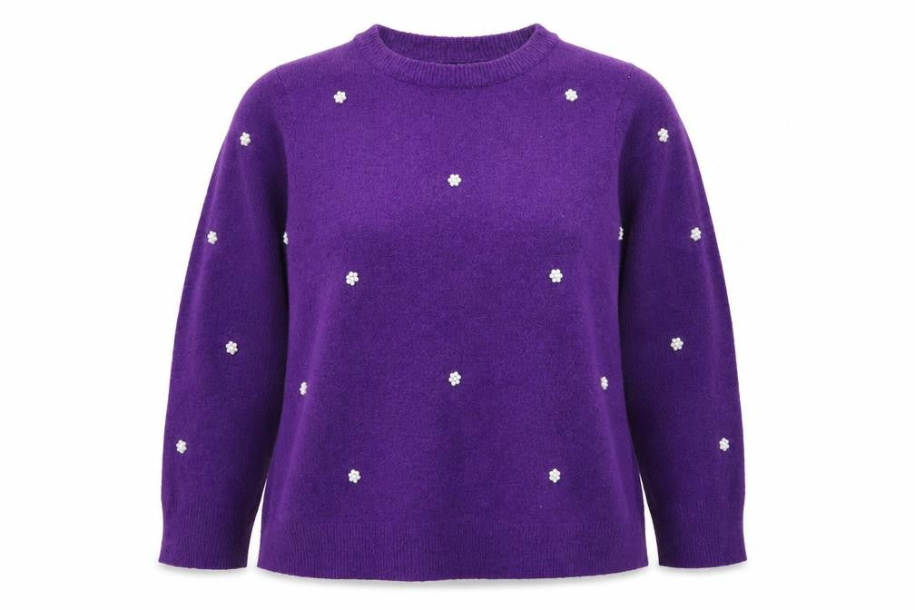 Bonmarché Women's Purple Beaded Knit Jumper Size 20 Crew Neck