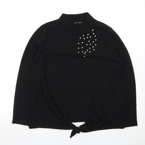 Zara Women Black Mock Neck Beaded Tie Hem Jumper XL