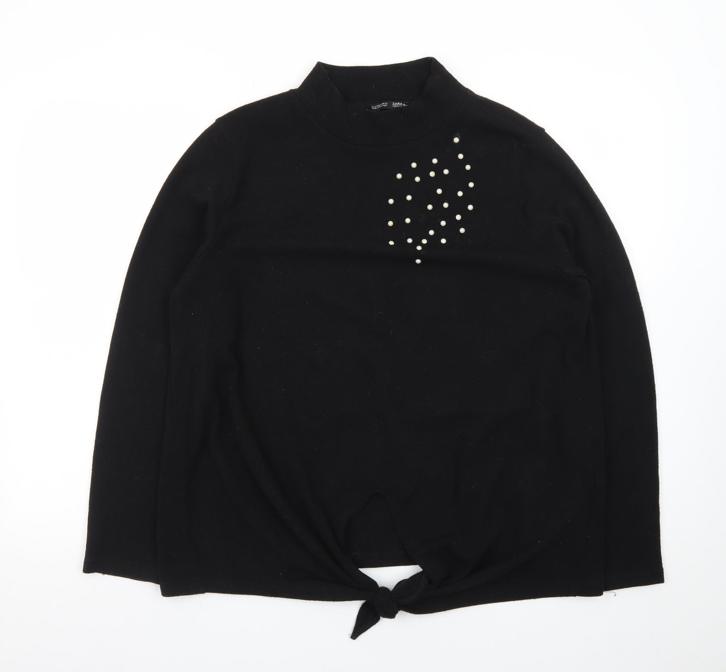 Zara Women Black Mock Neck Beaded Tie Hem Jumper XL