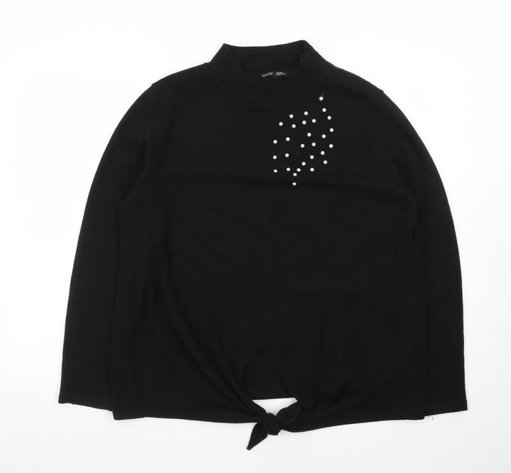 Zara Women Black Mock Neck Beaded Tie Hem Jumper XL